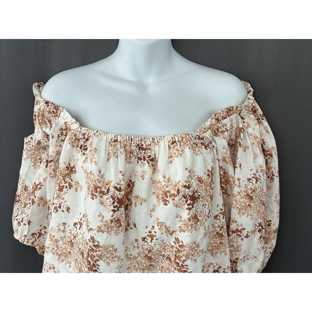 Abercrombie & Fitch Linen Cotton Off Shoulder Top Sz L Brown Floral Boho Cottage - Picture 4 of 11